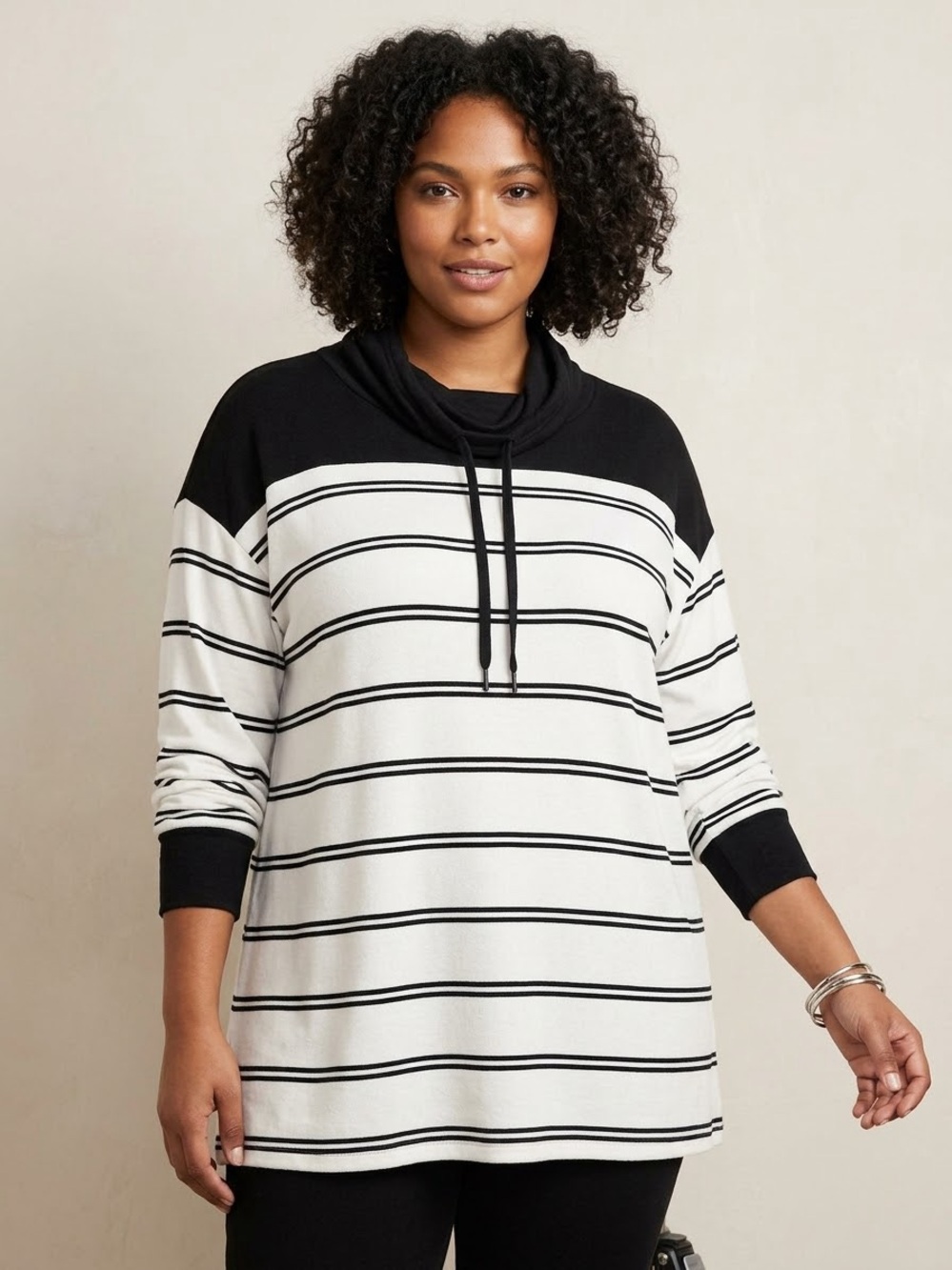 NWT Live Well Lifestyle Cowl Neck Sweatshirt Womens 18/20W Black White Striped